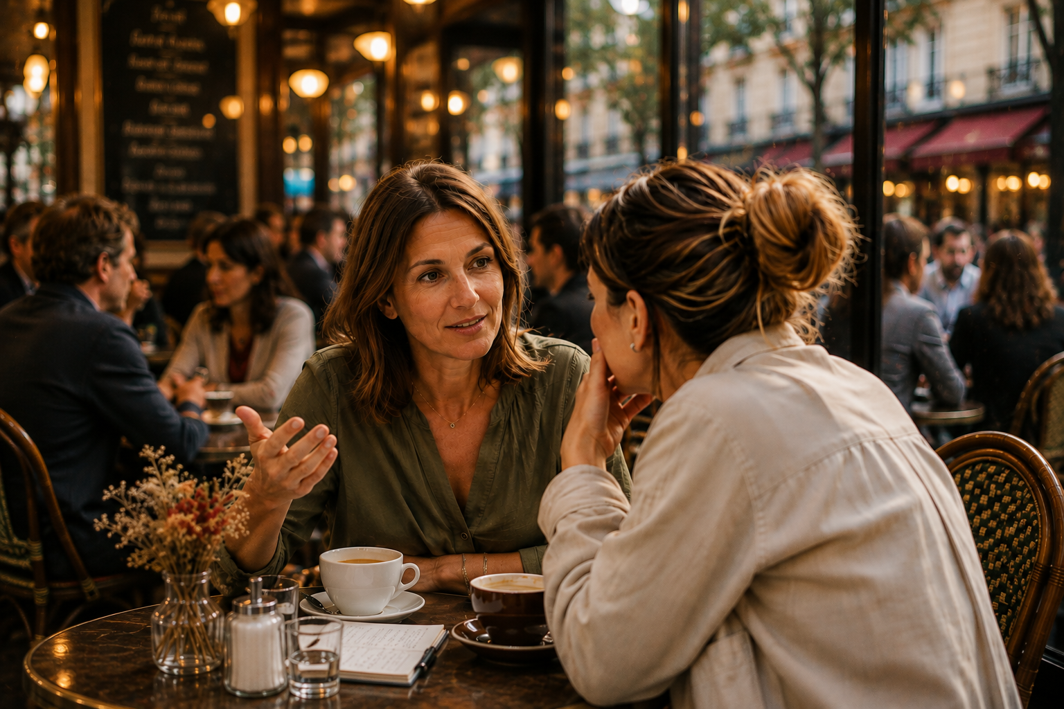 Deux femmes échangeant dans un café parisien