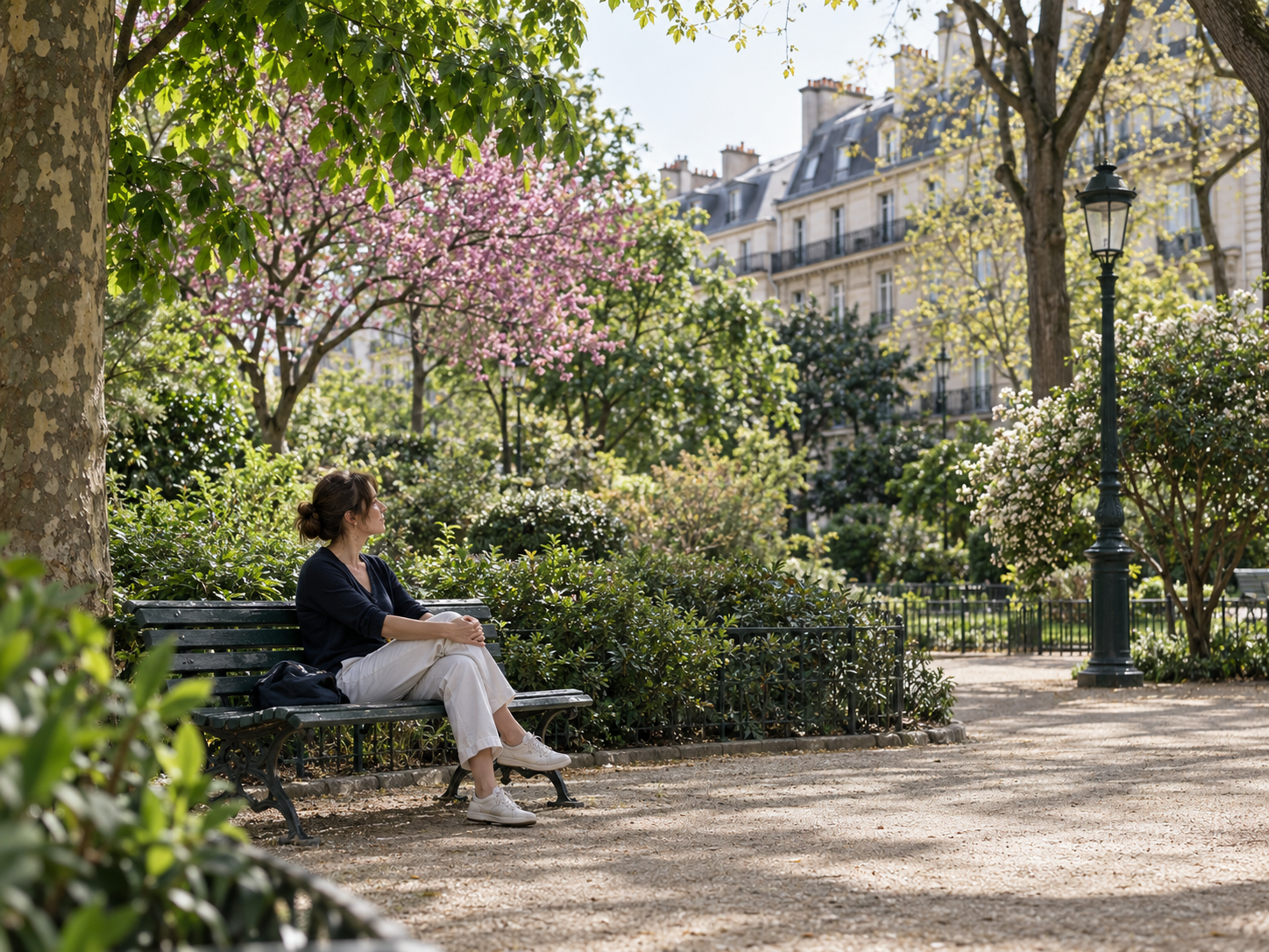 Femme en pause dans un jardin parisien – accompagnement en sophrologie à Paris 15e