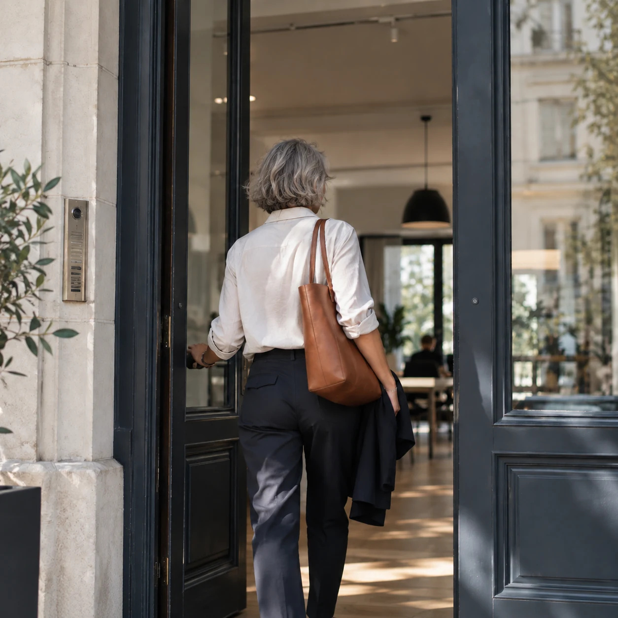 Femme aux cheveux gris entrant dans un nouveau lieu – accueillir un changement et trouver de nouveaux repères avec la sophrologie à Paris 15e