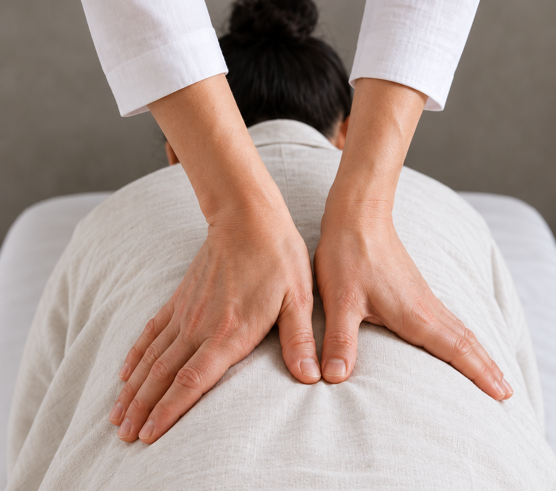 Séance de shiatsu à Paris 15 sur le dos avec pressions des mains du praticien