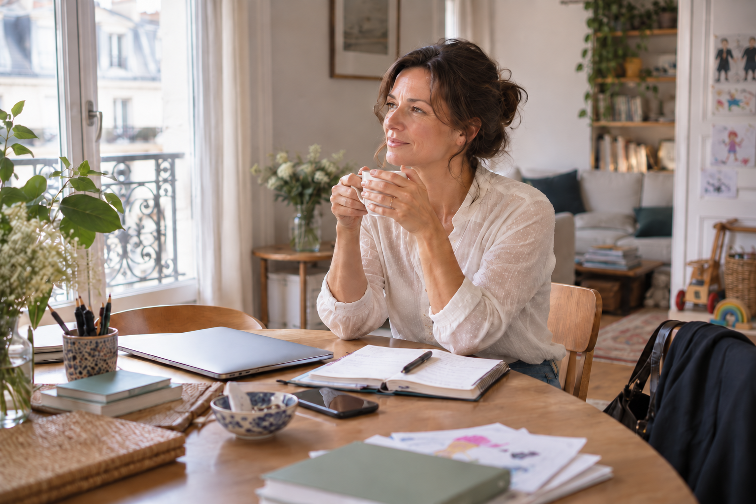 Femme active chez elle à Paris 15e, illustration de la sophrologie et du shiatsu à domicile