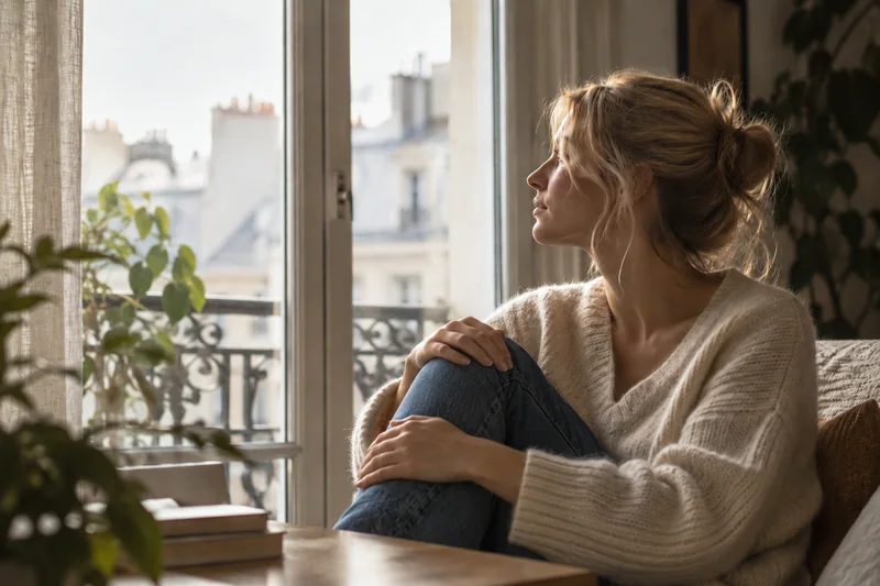Femme pensive chez elle, accompagnement en sophrologie et shiatsu à Paris 15e