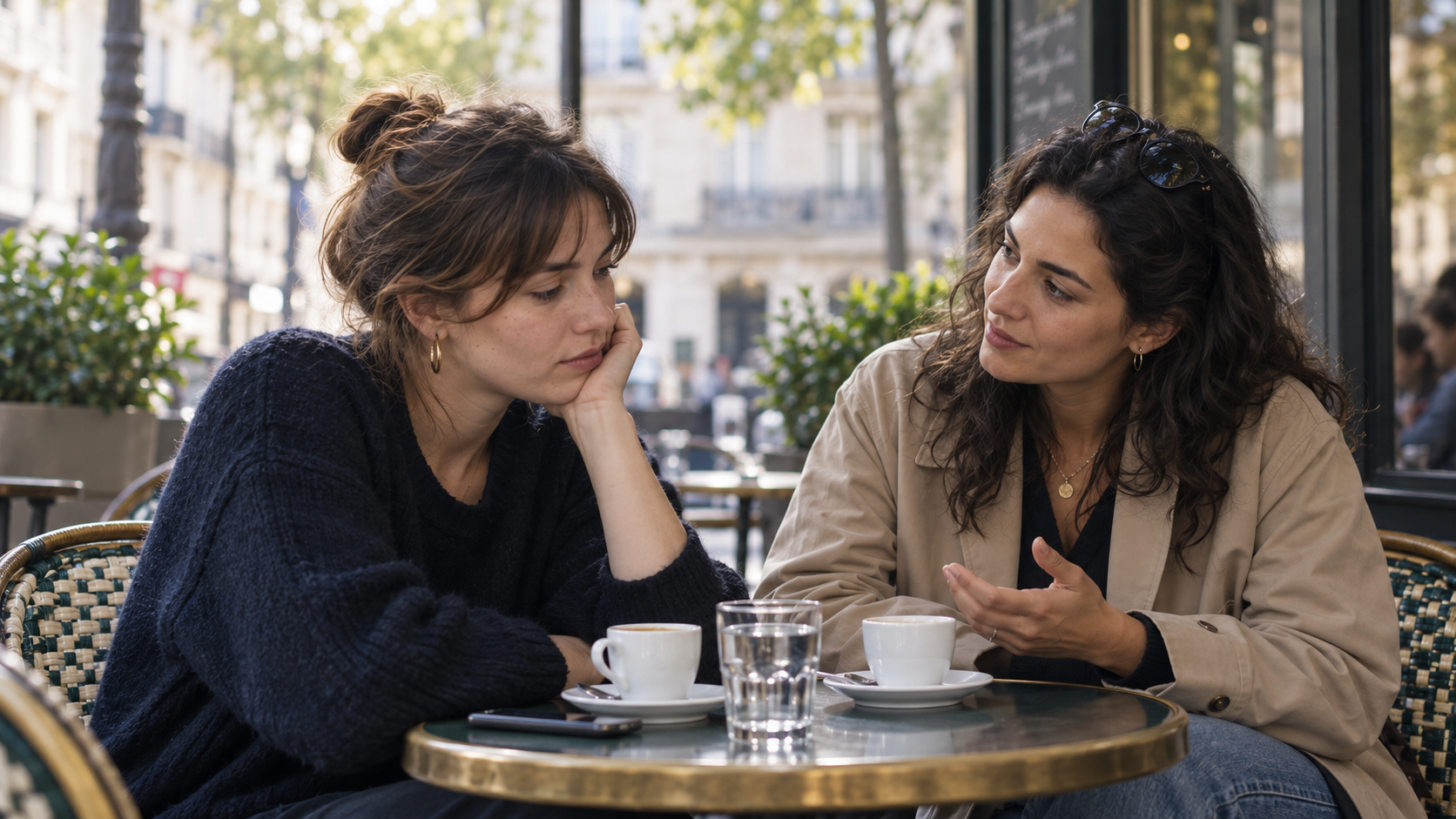 Deux amies échangent en terrasse à Paris, image illustrant les témoignages sur l’accompagnement d’une sophrologue à Paris 15e.