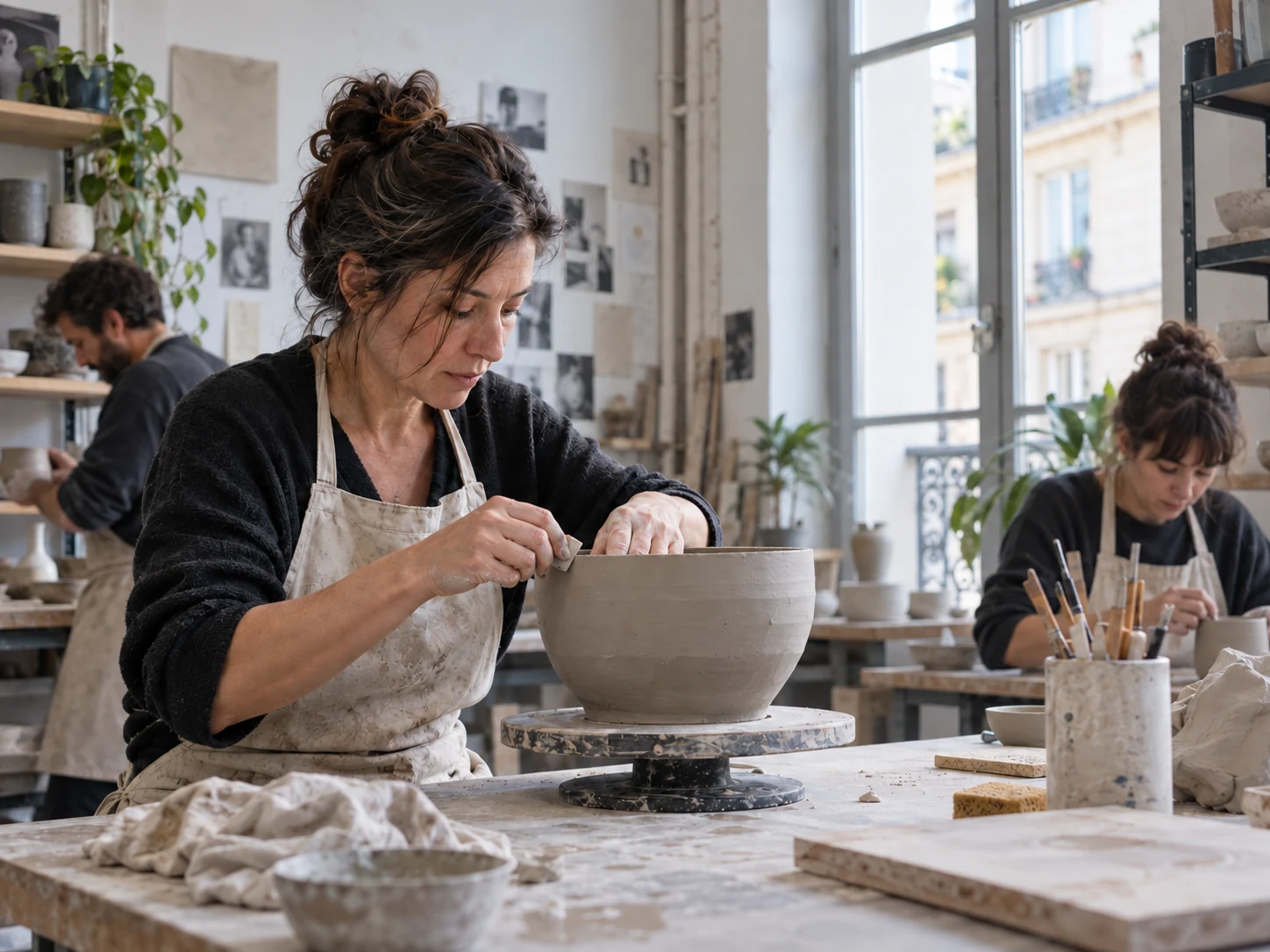 Femme concentrée dans un atelier de céramique parisien, entourée d’autres personnes – traverser une période difficile avec la sophrologie à Paris 15e